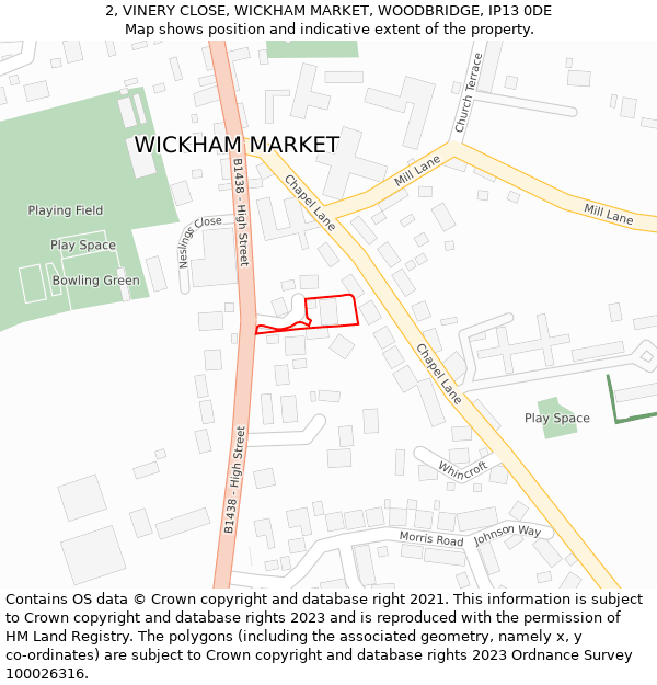 2, VINERY CLOSE, WICKHAM MARKET, WOODBRIDGE, IP13 0DE: Location map and indicative extent of plot