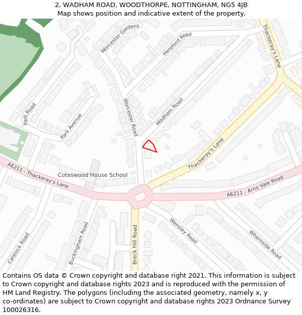 2, WADHAM ROAD, WOODTHORPE, NOTTINGHAM, NG5 4JB: Location map and indicative extent of plot