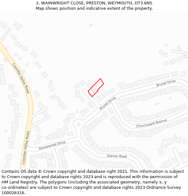 2, WAINWRIGHT CLOSE, PRESTON, WEYMOUTH, DT3 6NS: Location map and indicative extent of plot