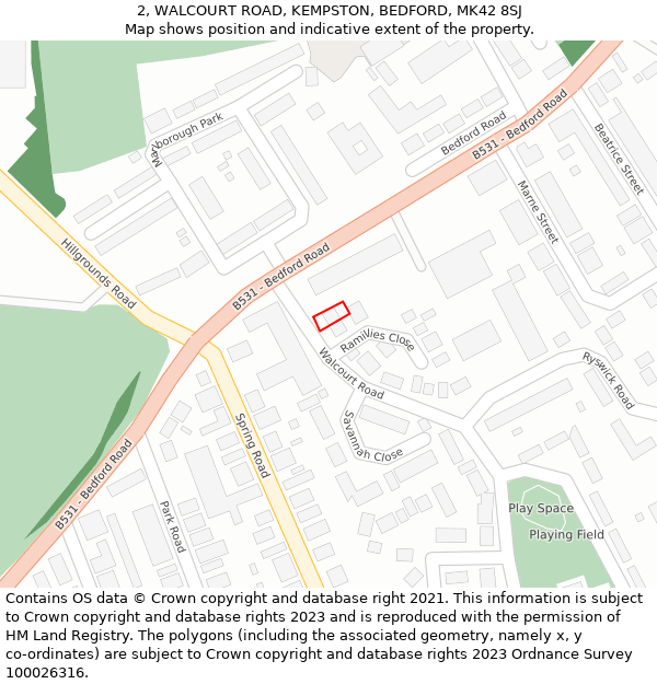 2, WALCOURT ROAD, KEMPSTON, BEDFORD, MK42 8SJ: Location map and indicative extent of plot