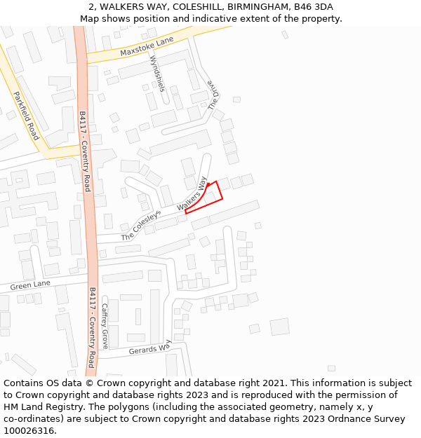 2, WALKERS WAY, COLESHILL, BIRMINGHAM, B46 3DA: Location map and indicative extent of plot