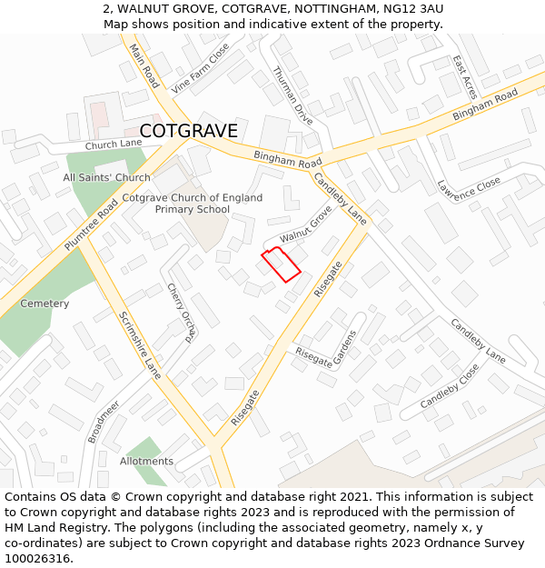 2, WALNUT GROVE, COTGRAVE, NOTTINGHAM, NG12 3AU: Location map and indicative extent of plot