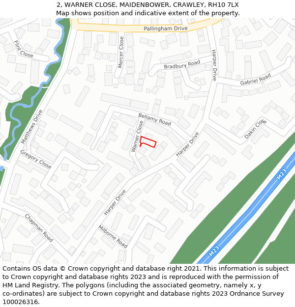 2, WARNER CLOSE, MAIDENBOWER, CRAWLEY, RH10 7LX: Location map and indicative extent of plot