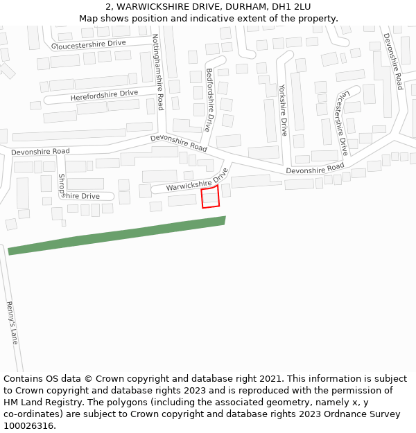 2, WARWICKSHIRE DRIVE, DURHAM, DH1 2LU: Location map and indicative extent of plot