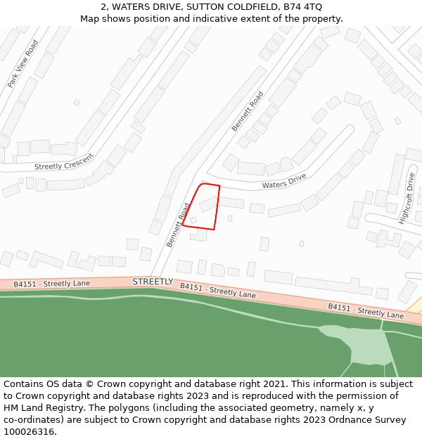 2, WATERS DRIVE, SUTTON COLDFIELD, B74 4TQ: Location map and indicative extent of plot