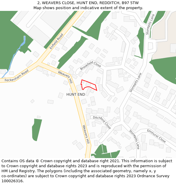 2, WEAVERS CLOSE, HUNT END, REDDITCH, B97 5TW: Location map and indicative extent of plot