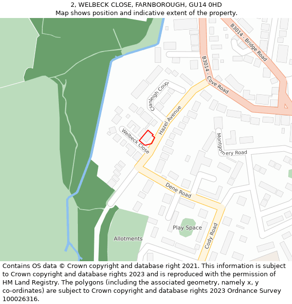 2, WELBECK CLOSE, FARNBOROUGH, GU14 0HD: Location map and indicative extent of plot