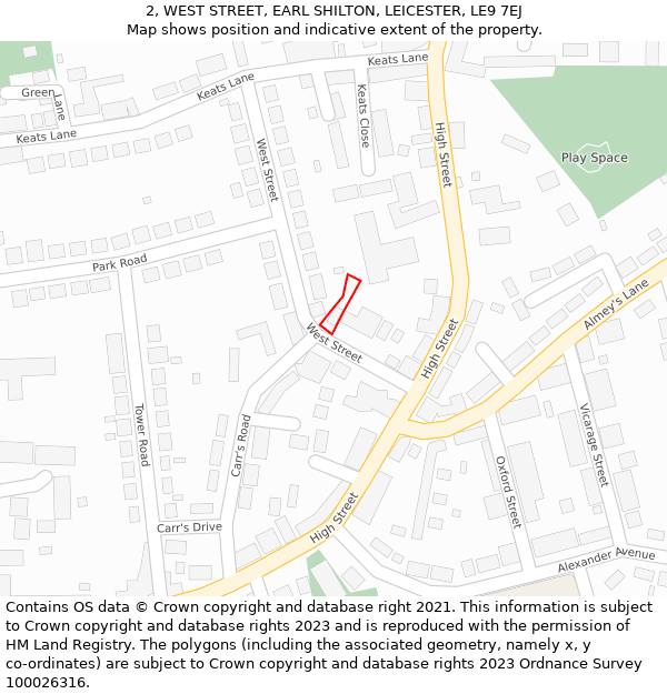 2, WEST STREET, EARL SHILTON, LEICESTER, LE9 7EJ: Location map and indicative extent of plot