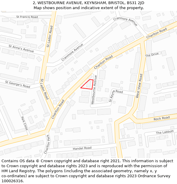 2, WESTBOURNE AVENUE, KEYNSHAM, BRISTOL, BS31 2JD: Location map and indicative extent of plot