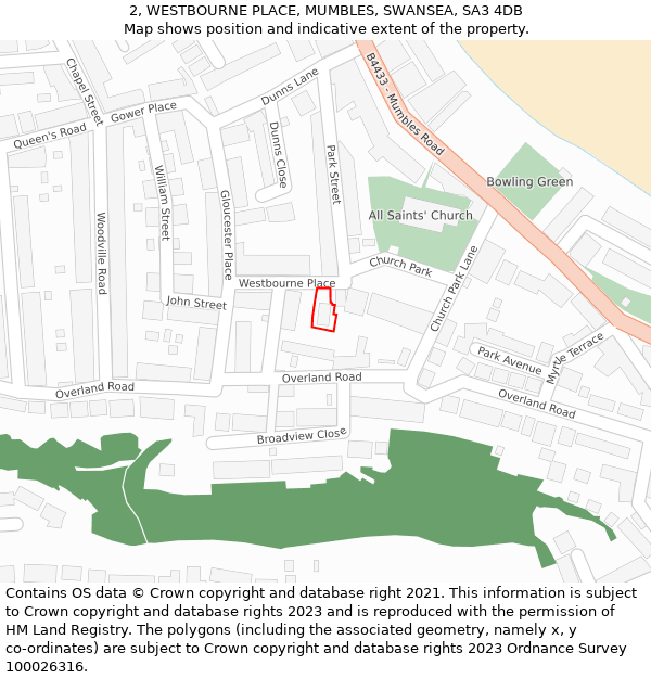 2, WESTBOURNE PLACE, MUMBLES, SWANSEA, SA3 4DB: Location map and indicative extent of plot