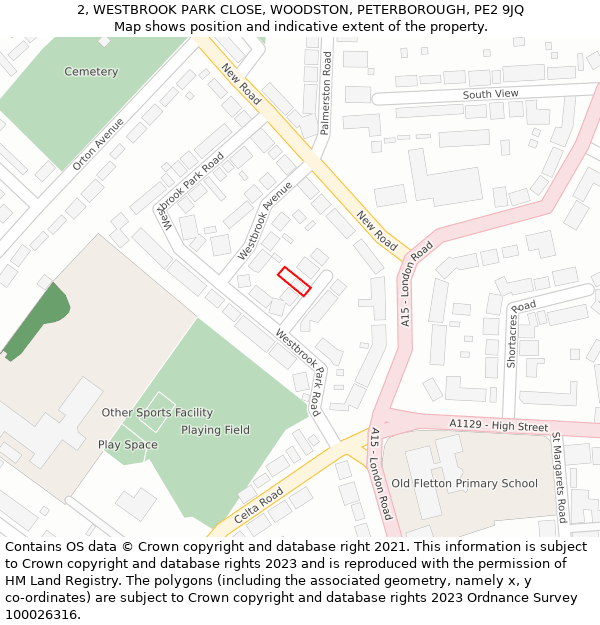2, WESTBROOK PARK CLOSE, WOODSTON, PETERBOROUGH, PE2 9JQ: Location map and indicative extent of plot