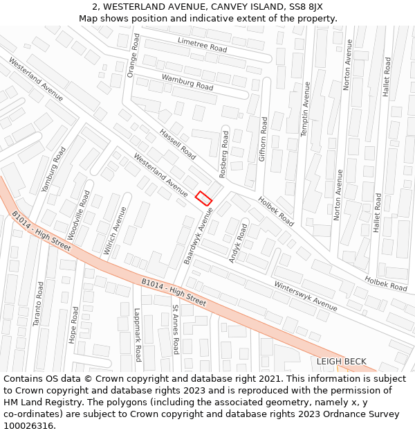 2, WESTERLAND AVENUE, CANVEY ISLAND, SS8 8JX: Location map and indicative extent of plot