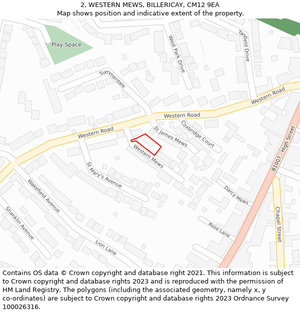 2, WESTERN MEWS, BILLERICAY, CM12 9EA: Location map and indicative extent of plot