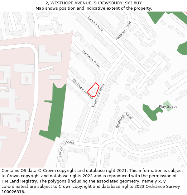 2, WESTHOPE AVENUE, SHREWSBURY, SY3 8UY: Location map and indicative extent of plot