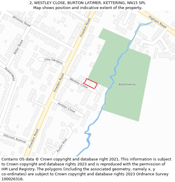 2, WESTLEY CLOSE, BURTON LATIMER, KETTERING, NN15 5PL: Location map and indicative extent of plot