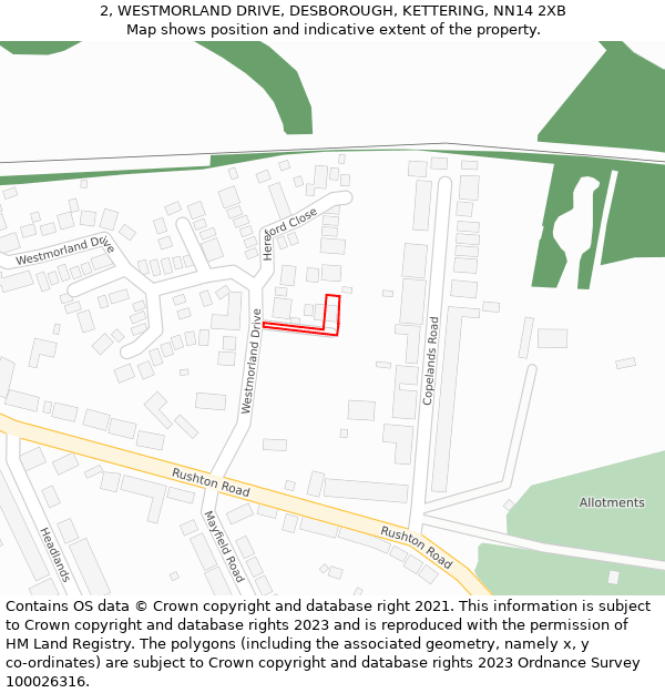 2, WESTMORLAND DRIVE, DESBOROUGH, KETTERING, NN14 2XB: Location map and indicative extent of plot