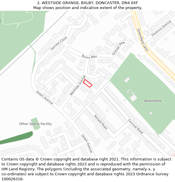 2, WESTSIDE GRANGE, BALBY, DONCASTER, DN4 0XF: Location map and indicative extent of plot