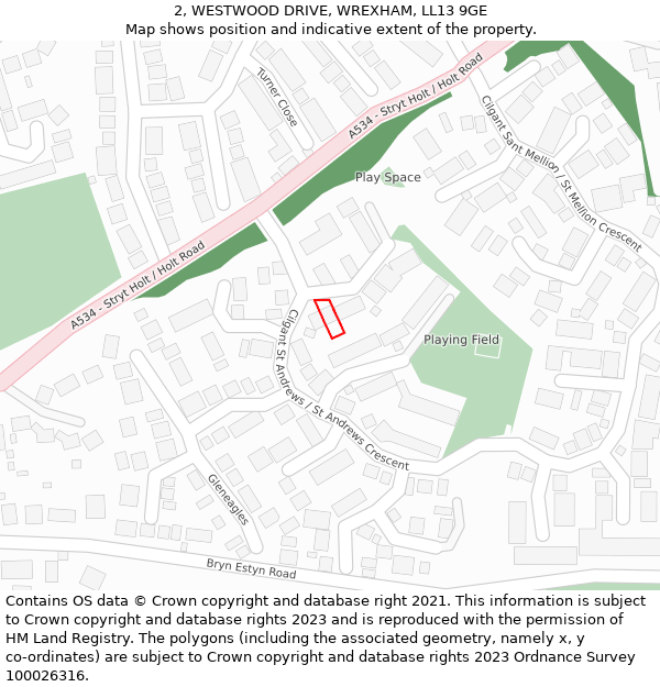 2, WESTWOOD DRIVE, WREXHAM, LL13 9GE: Location map and indicative extent of plot