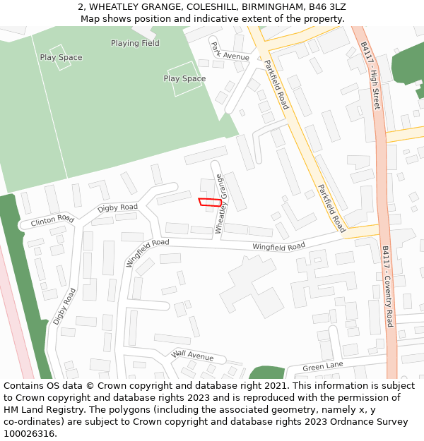 2, WHEATLEY GRANGE, COLESHILL, BIRMINGHAM, B46 3LZ: Location map and indicative extent of plot