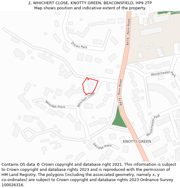 2, WHICHERT CLOSE, KNOTTY GREEN, BEACONSFIELD, HP9 2TP: Location map and indicative extent of plot