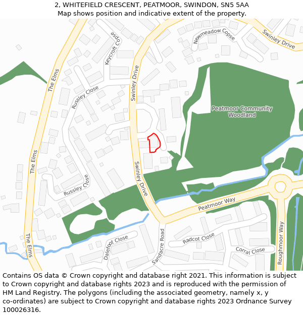 2, WHITEFIELD CRESCENT, PEATMOOR, SWINDON, SN5 5AA: Location map and indicative extent of plot