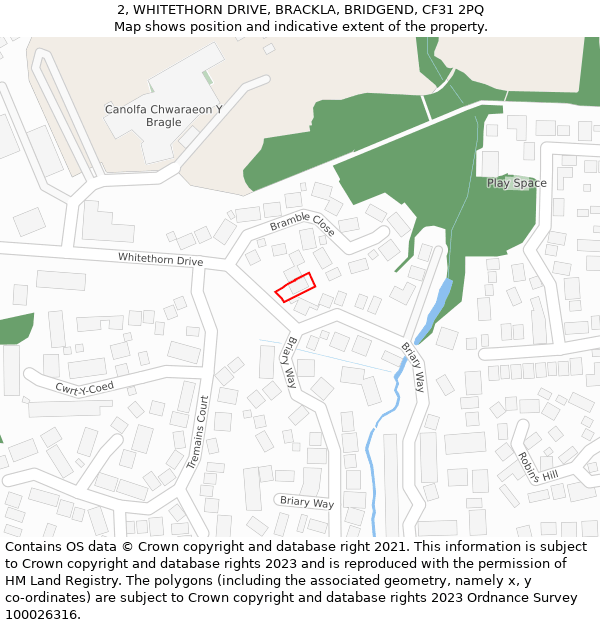 2, WHITETHORN DRIVE, BRACKLA, BRIDGEND, CF31 2PQ: Location map and indicative extent of plot