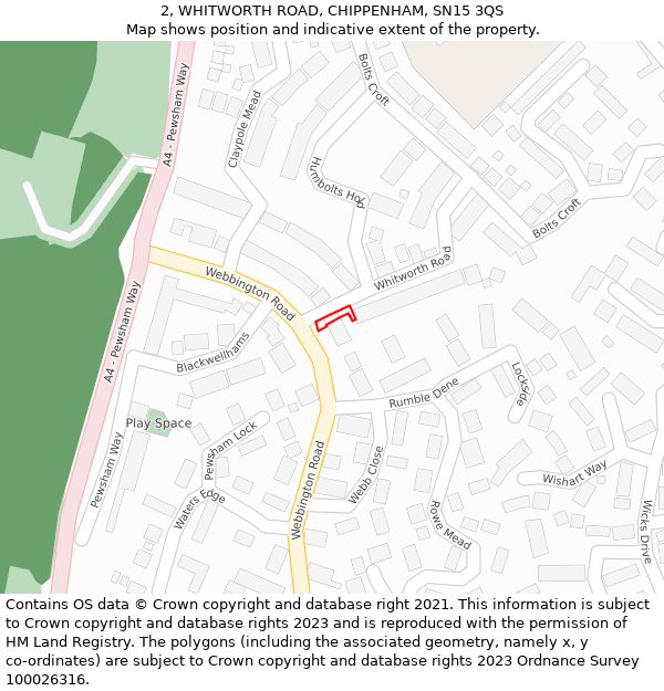 2, WHITWORTH ROAD, CHIPPENHAM, SN15 3QS: Location map and indicative extent of plot
