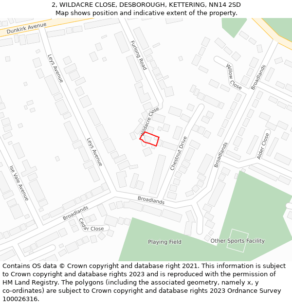 2, WILDACRE CLOSE, DESBOROUGH, KETTERING, NN14 2SD: Location map and indicative extent of plot