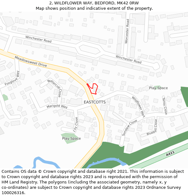 2, WILDFLOWER WAY, BEDFORD, MK42 0RW: Location map and indicative extent of plot