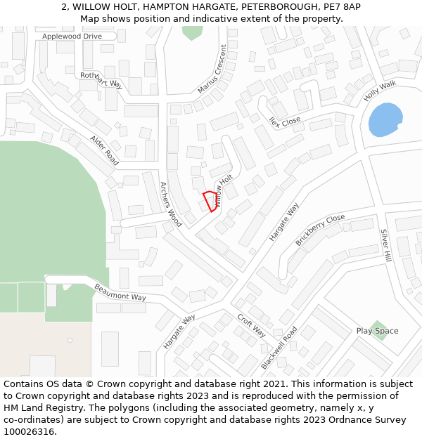 2, WILLOW HOLT, HAMPTON HARGATE, PETERBOROUGH, PE7 8AP: Location map and indicative extent of plot