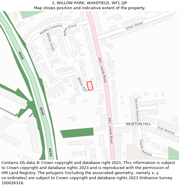 2, WILLOW PARK, WAKEFIELD, WF1 2JP: Location map and indicative extent of plot