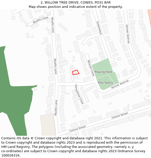 2, WILLOW TREE DRIVE, COWES, PO31 8AR: Location map and indicative extent of plot