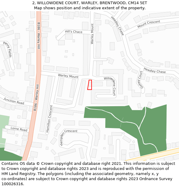 2, WILLOWDENE COURT, WARLEY, BRENTWOOD, CM14 5ET: Location map and indicative extent of plot