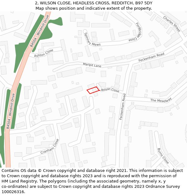 2, WILSON CLOSE, HEADLESS CROSS, REDDITCH, B97 5DY: Location map and indicative extent of plot