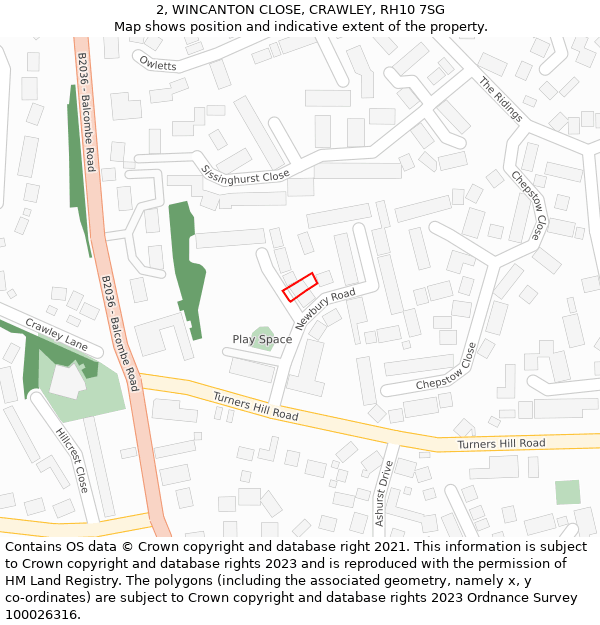 2, WINCANTON CLOSE, CRAWLEY, RH10 7SG: Location map and indicative extent of plot