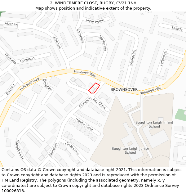 2, WINDERMERE CLOSE, RUGBY, CV21 1NA: Location map and indicative extent of plot