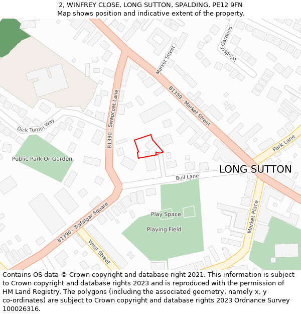 2, WINFREY CLOSE, LONG SUTTON, SPALDING, PE12 9FN: Location map and indicative extent of plot