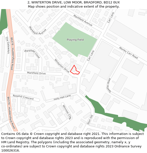 2, WINTERTON DRIVE, LOW MOOR, BRADFORD, BD12 0UX: Location map and indicative extent of plot