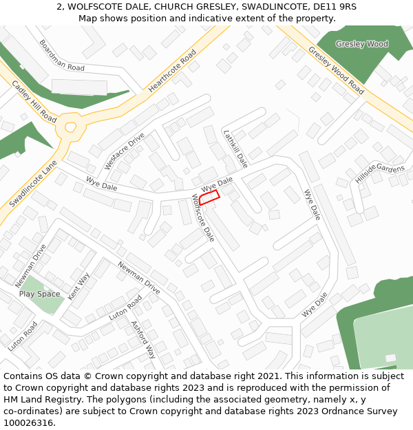 2, WOLFSCOTE DALE, CHURCH GRESLEY, SWADLINCOTE, DE11 9RS: Location map and indicative extent of plot