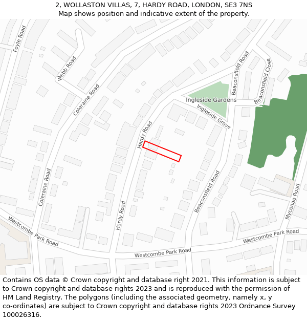 2, WOLLASTON VILLAS, 7, HARDY ROAD, LONDON, SE3 7NS: Location map and indicative extent of plot