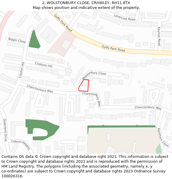 2, WOLSTONBURY CLOSE, CRAWLEY, RH11 8TX: Location map and indicative extent of plot