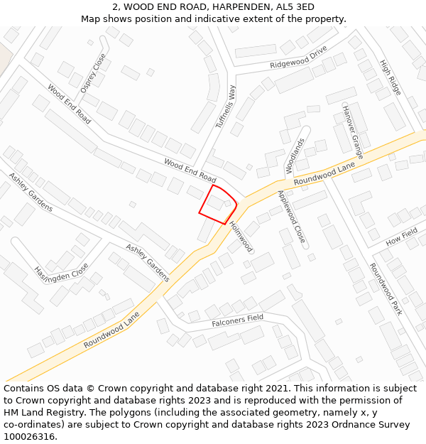 2, WOOD END ROAD, HARPENDEN, AL5 3ED: Location map and indicative extent of plot