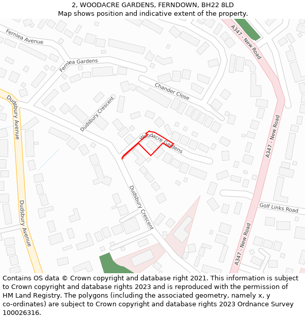 2, WOODACRE GARDENS, FERNDOWN, BH22 8LD: Location map and indicative extent of plot