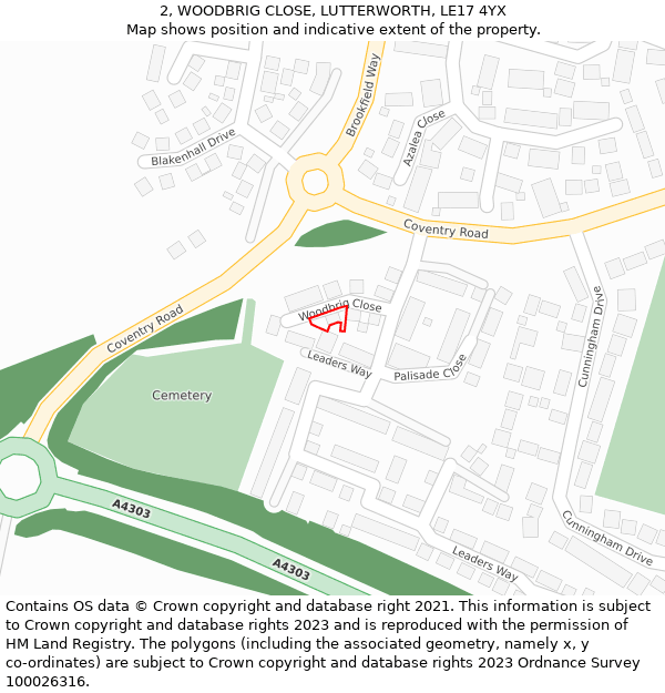 2, WOODBRIG CLOSE, LUTTERWORTH, LE17 4YX: Location map and indicative extent of plot