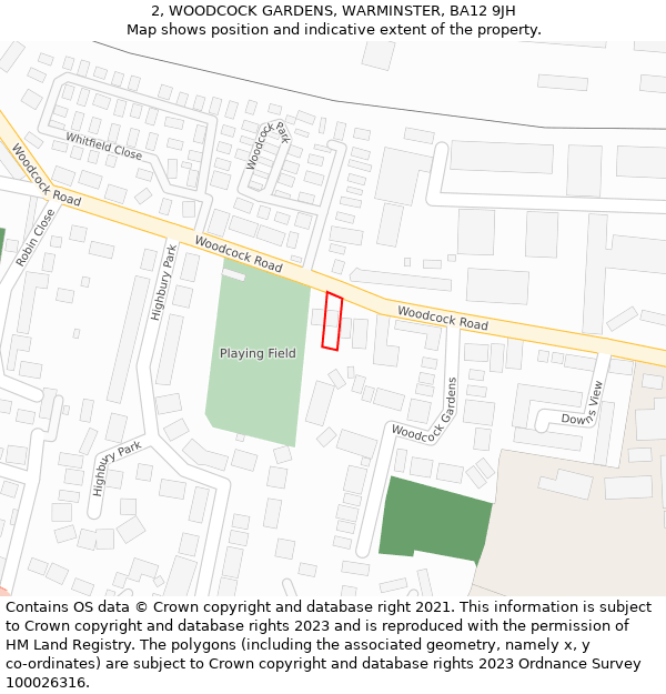 2, WOODCOCK GARDENS, WARMINSTER, BA12 9JH: Location map and indicative extent of plot