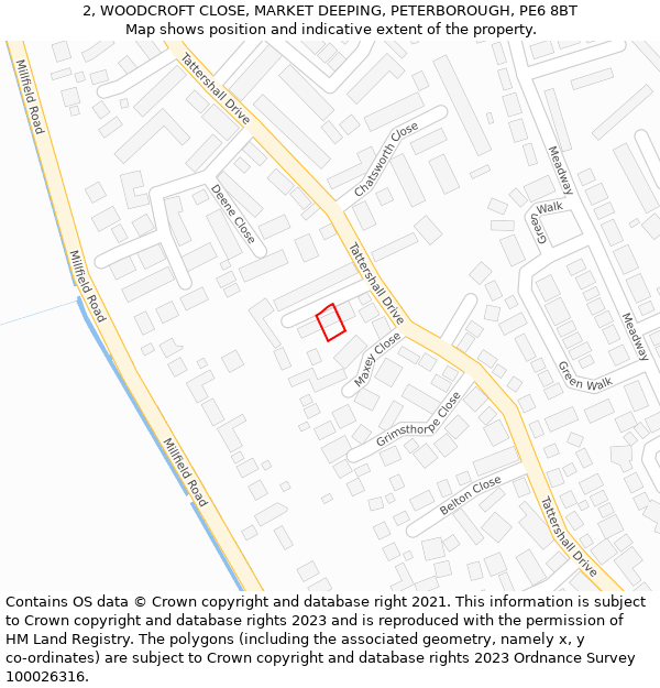 2, WOODCROFT CLOSE, MARKET DEEPING, PETERBOROUGH, PE6 8BT: Location map and indicative extent of plot