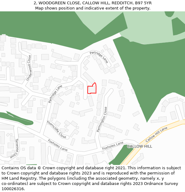 2, WOODGREEN CLOSE, CALLOW HILL, REDDITCH, B97 5YR: Location map and indicative extent of plot