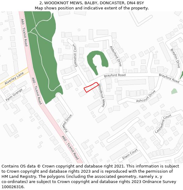 2, WOODKNOT MEWS, BALBY, DONCASTER, DN4 8SY: Location map and indicative extent of plot