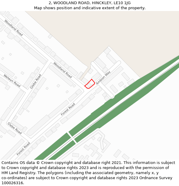2, WOODLAND ROAD, HINCKLEY, LE10 1JG: Location map and indicative extent of plot