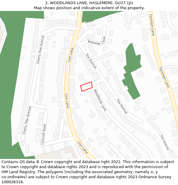 2, WOODLANDS LANE, HASLEMERE, GU27 1JU: Location map and indicative extent of plot